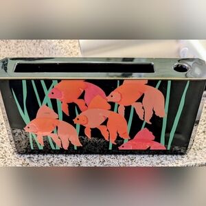 Vintage Otagiri Japan Black Lacquer Memo Pad & Pencil Holder Box Fish Design